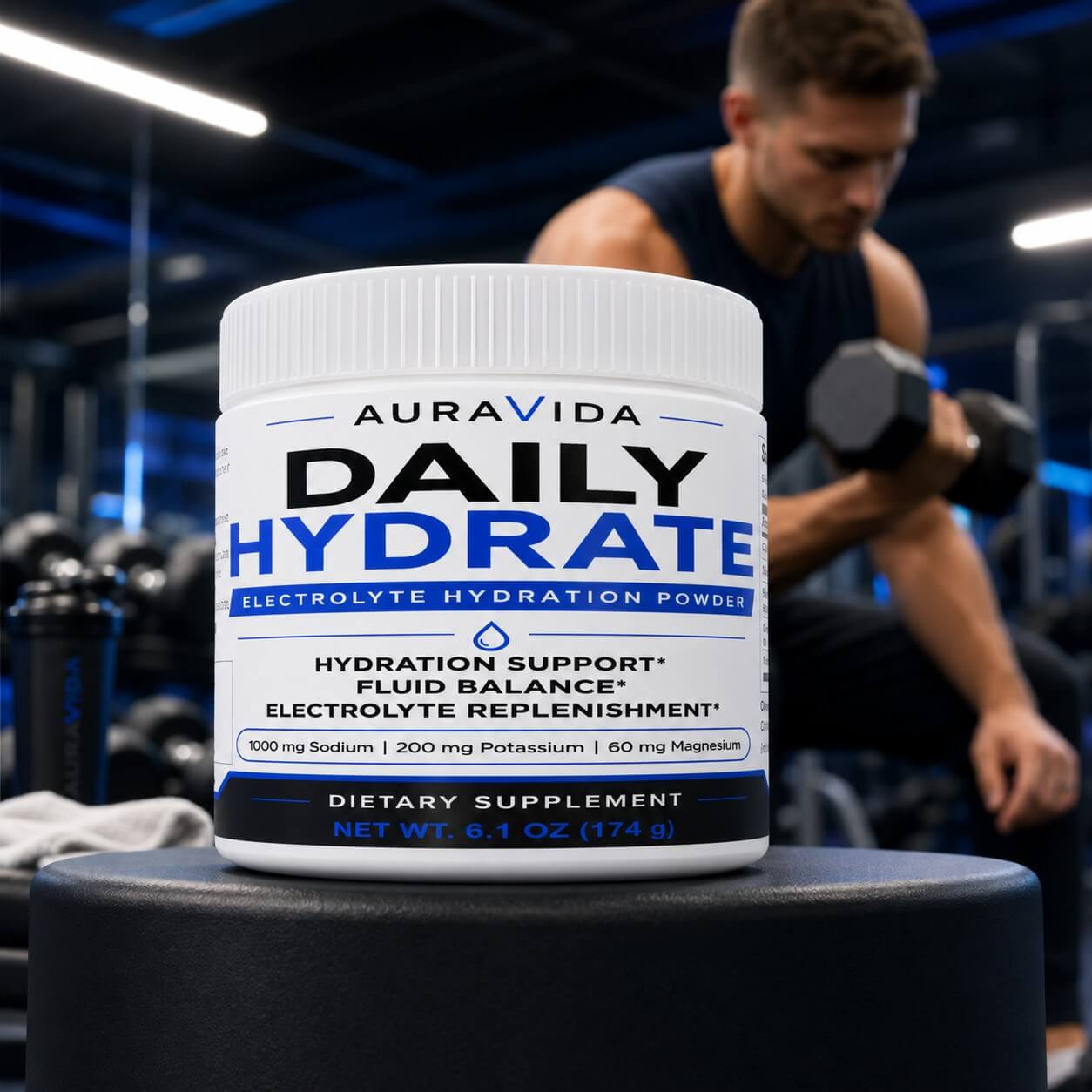 AuraVida Daily Hydrate container in a gym with a man training in the background