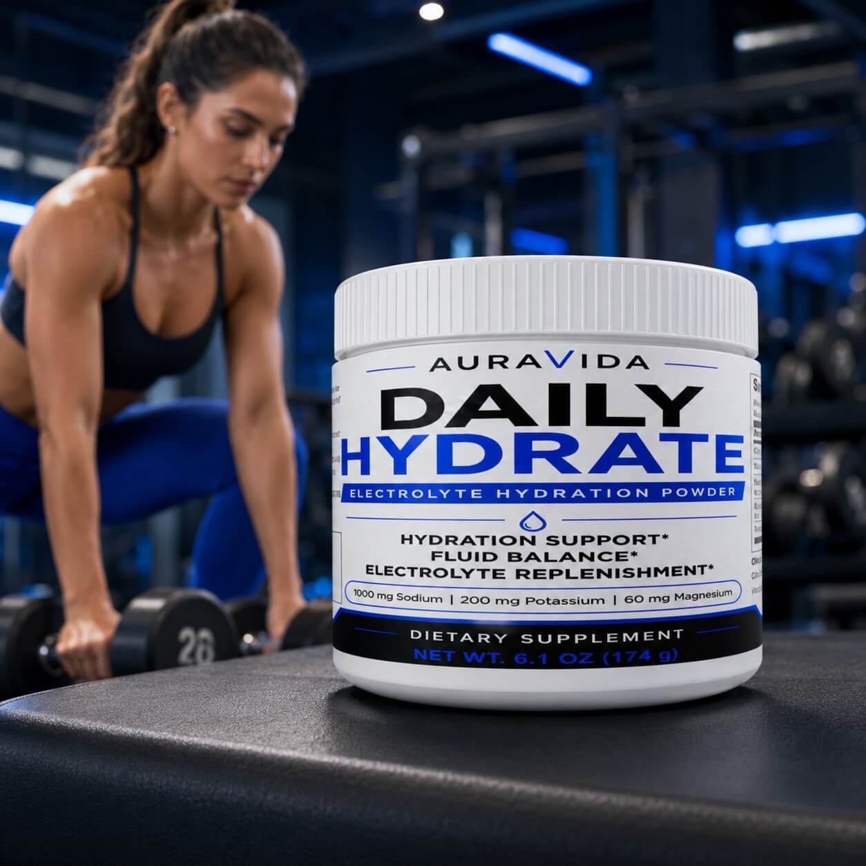 AuraVida Daily Hydrate container in a gym with a woman lifting dumbbells in the background
