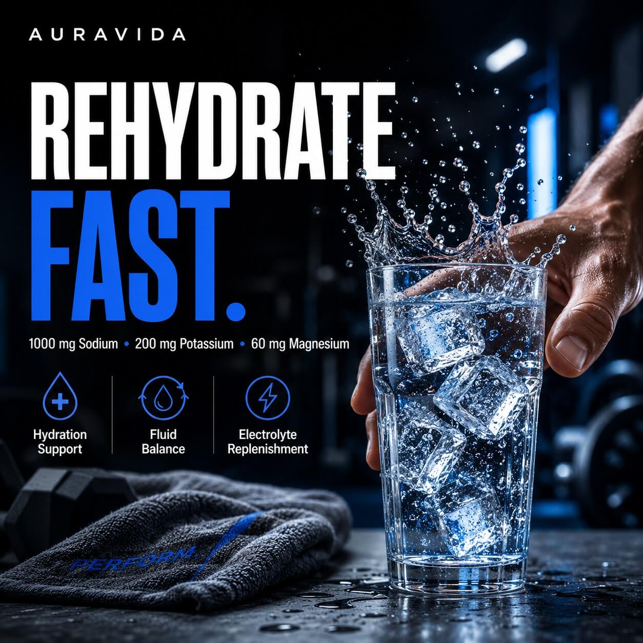 AuraVida Daily Hydrate electrolyte graphic with ice water and key electrolyte amounts