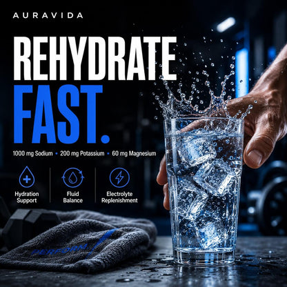 AuraVida Daily Hydrate electrolyte graphic with ice water and key electrolyte amounts