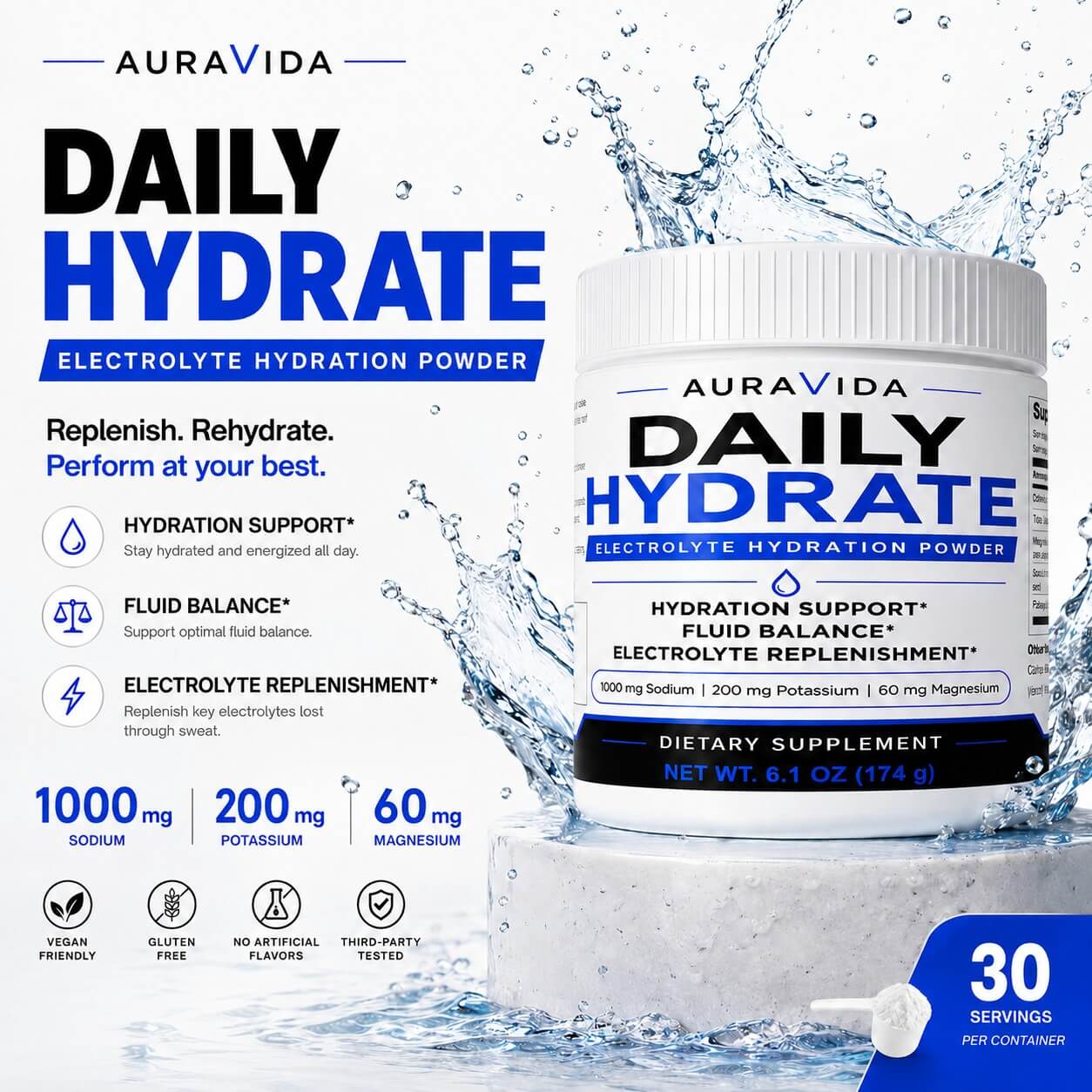 AuraVida Daily Hydrate with water splash, highlighting sodium, potassium, and magnesium