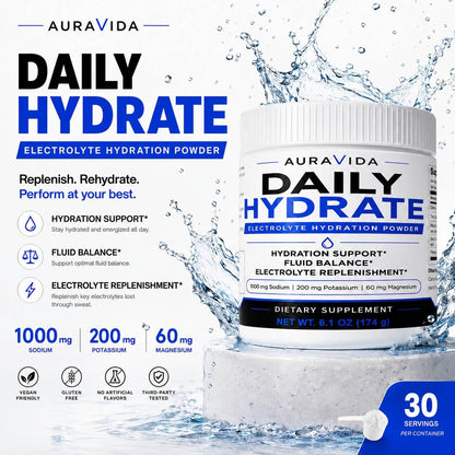 AuraVida Daily Hydrate with water splash, highlighting sodium, potassium, and magnesium