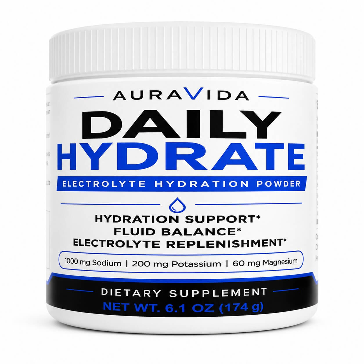 AuraVida Daily Hydrate electrolyte hydration powder, front view of the 30-serving container