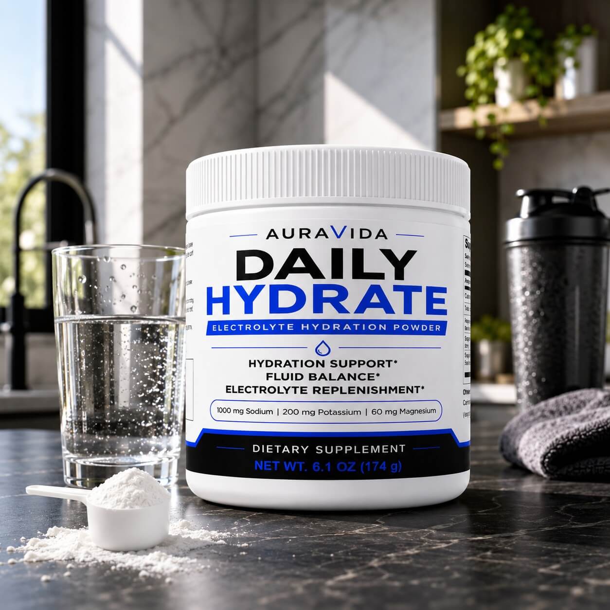 AuraVida Daily Hydrate beside a glass of water, scoop, and shaker in a home kitchen