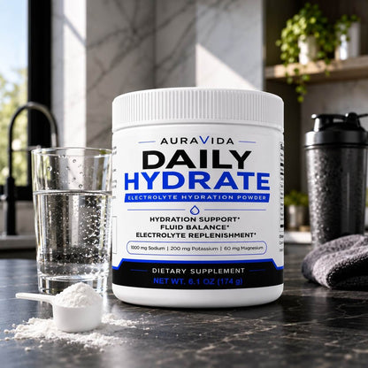 AuraVida Daily Hydrate beside a glass of water, scoop, and shaker in a home kitchen