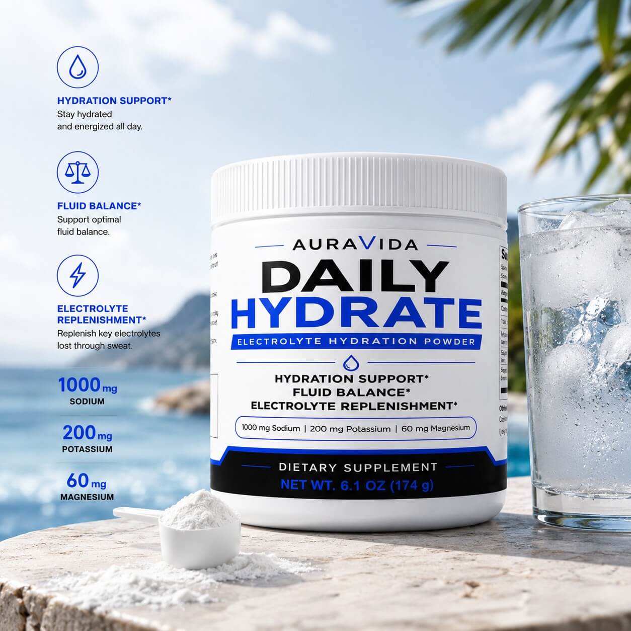 AuraVida Daily Hydrate beside a glass of ice water in a bright coastal setting